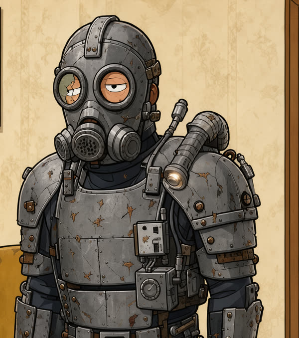 Hollis in his armor and gas mask